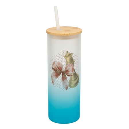 

Elanze Designs 25 Ounce Frosted Glass Gradient Travel Tumbler With Straw and Wooden Lid Chess Piece With Bow Sky Blue