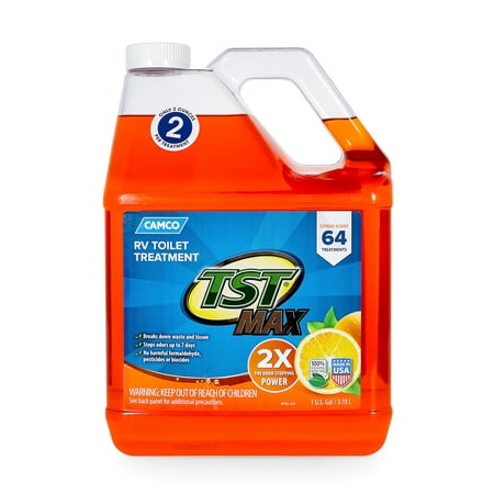 Camco TST MAX Strength Orange Scent RV Toilet Treatment, Formaldehyde Free, Breaks Down Waste And Tissue, Septic Tank Safe, Treats 40 Gallon Holding Tanks, 64.oz (Best Rv Toilet Chemicals For Breaking Down Waste)