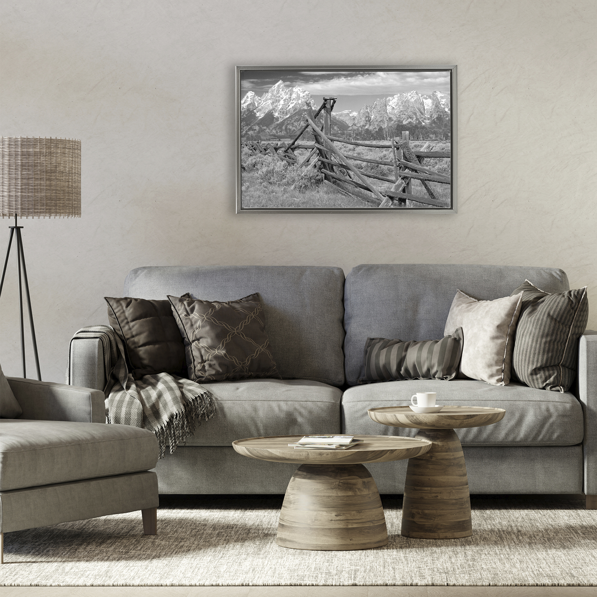 Grand Tetons Mountains & Fence Gray Framed Floater Canvas Wall Art, design by MJ Photography