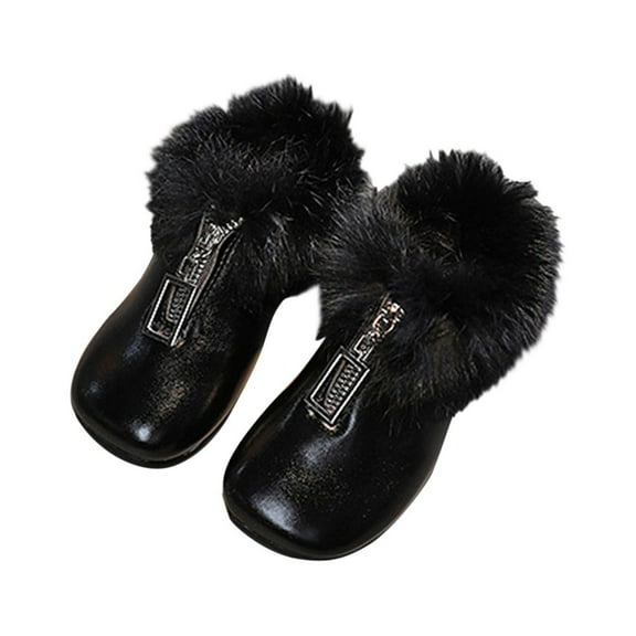 Otqutp Baby Nonslip Shoes Fashion Autumn and Winter Children Boots for Girls Flat Bottom PU Leather Non-slip Solid Color Plush Warm Comfortable Zipper(Black,7-8 Years)