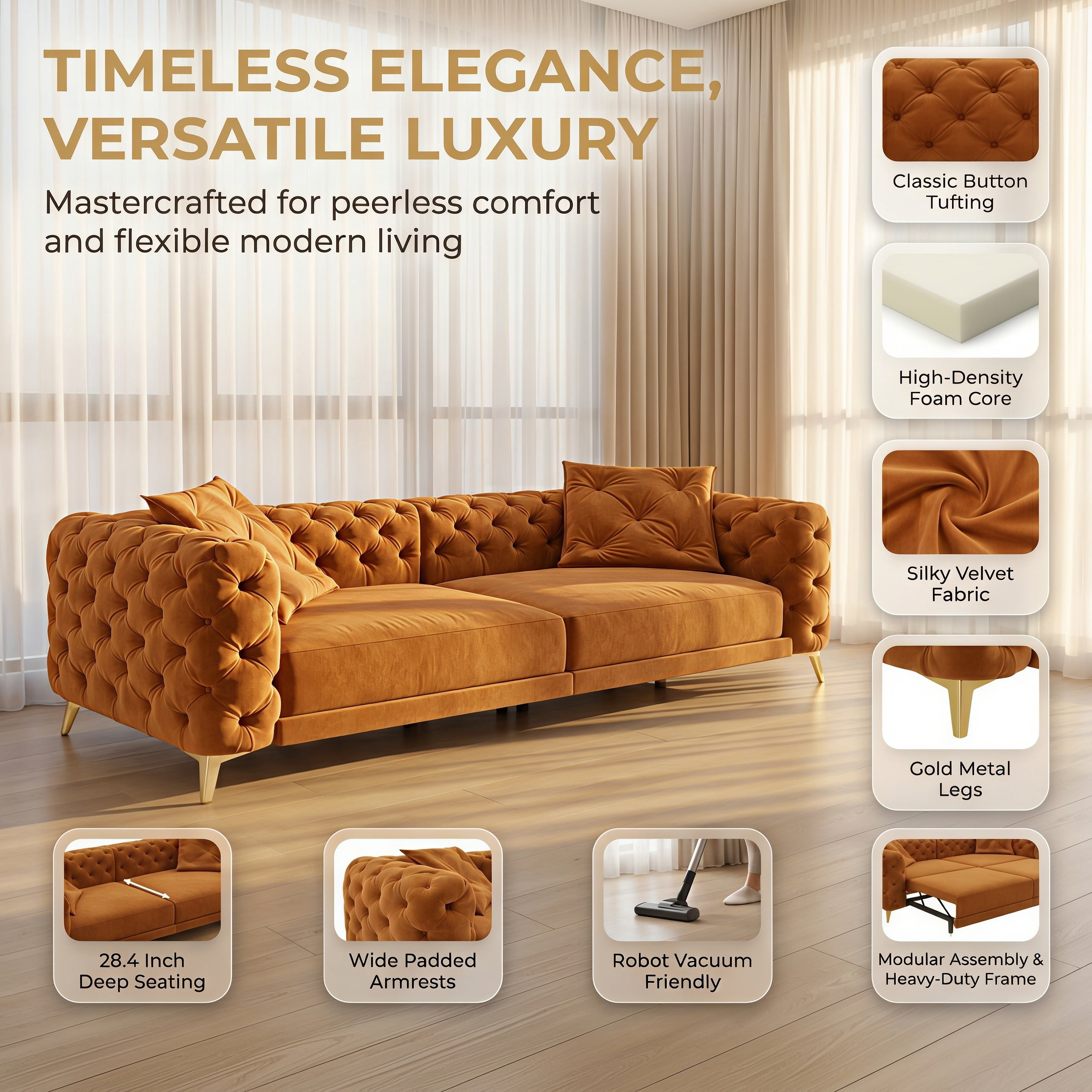 3-in-1 Velvet Sleeper Sofa Bed, 97.7" Modern Button Tufted Convertible Pull Out Couch with Gold Metal Legs & Deep Seat for Living Room, Orange