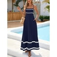thumbnail image 3 of Deep Blue Womens Flowy Sleeveless Maxi Dress With White Zigzag Trim For Beach Holiday Casual Wear, 3 of 6
