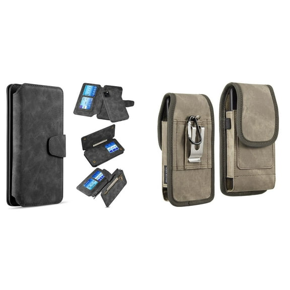 Clutch Wallet Detachable Case and Belt Holster Pouch for iPhone 14 Plus (Black/Brown)