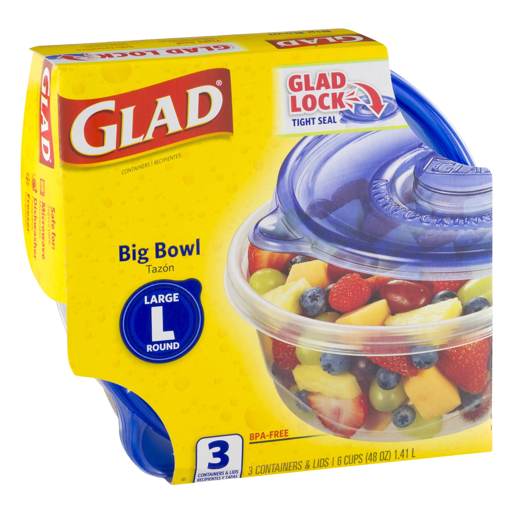 Glad Big Bowl Food Storage Containers, Round, 48 Oz, 3 Ct 
