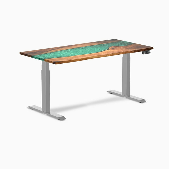 Desky Bureau Assis-Debout en Bois Dur à Double Résine - Noyer Naturel Rivière Émeraude / 60 x 30 Pouces / Gris
