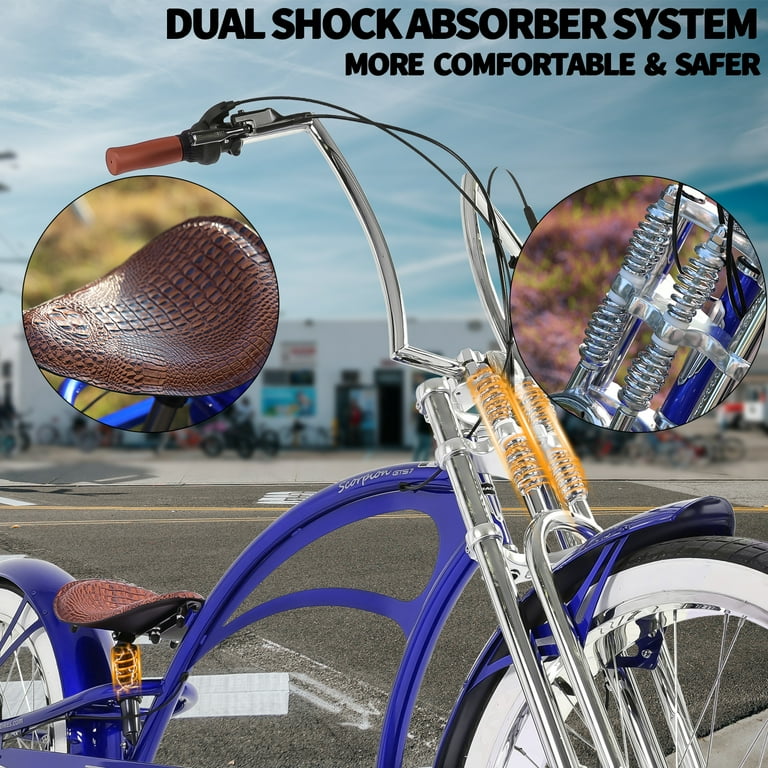Tracer Scorpion GTS 26" Stretch Beach Cruiser Bike, 7-speed, Suspension Fork, High Rise Handlebar, Disc Brake, for Men, Blue Tracer Scorpion GTS 26" Stretch Beach Cruiser Bike, 7-speed, Suspension Fork, High Rise Handlebar, Disc Brake, for Men, Blue