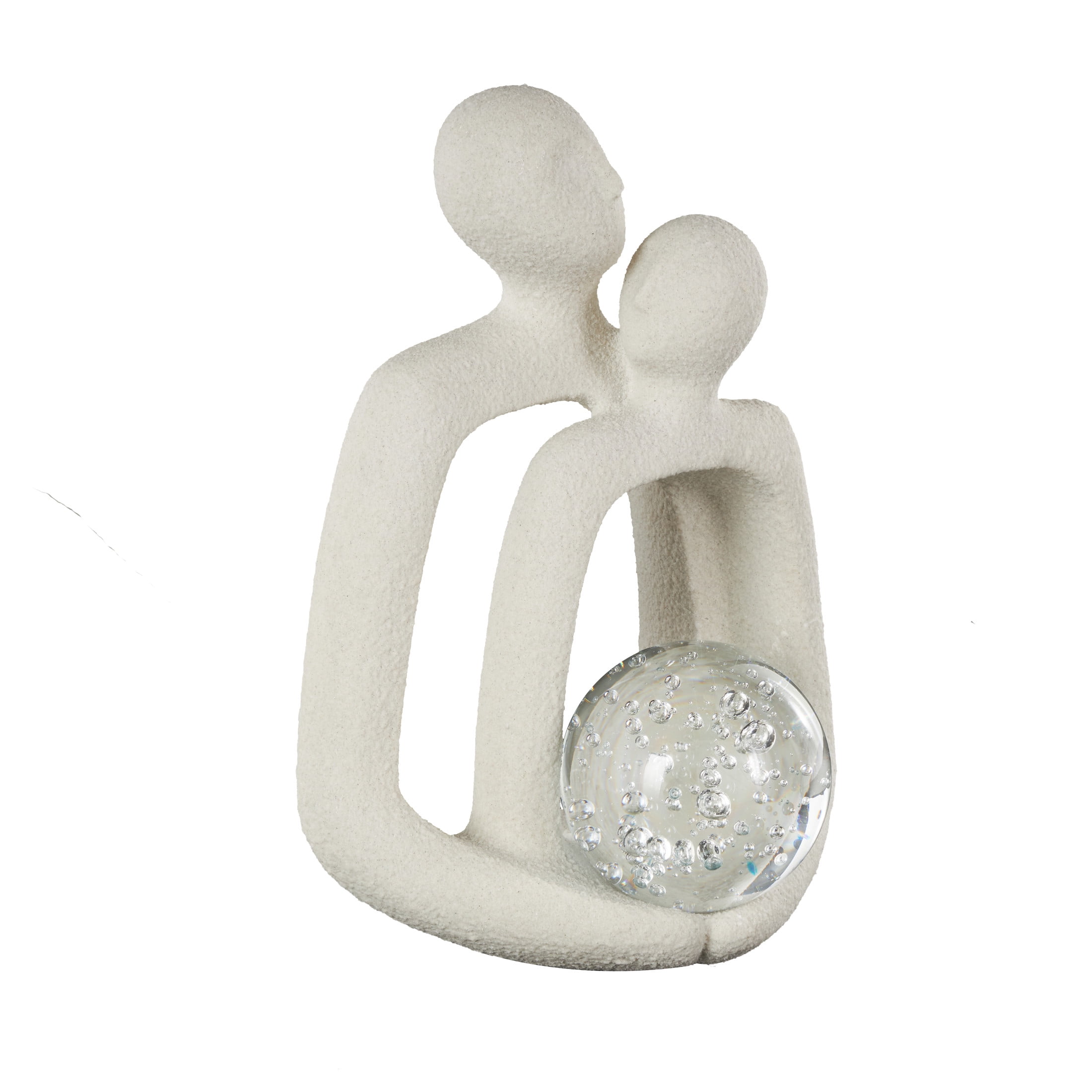 10" x 15" White Polystone Abstract Textured People Sculpture with Clear Glass Orb and Black Speckles, by DecMode