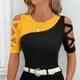 thumbnail image 5 of Olyvenn Women's Colorblock Criss Cross Cut Out Short Sleeve Round Neck Tee Shirts Hollow Out Streetwear Patchwork Shirts Yellow S, 5 of 8