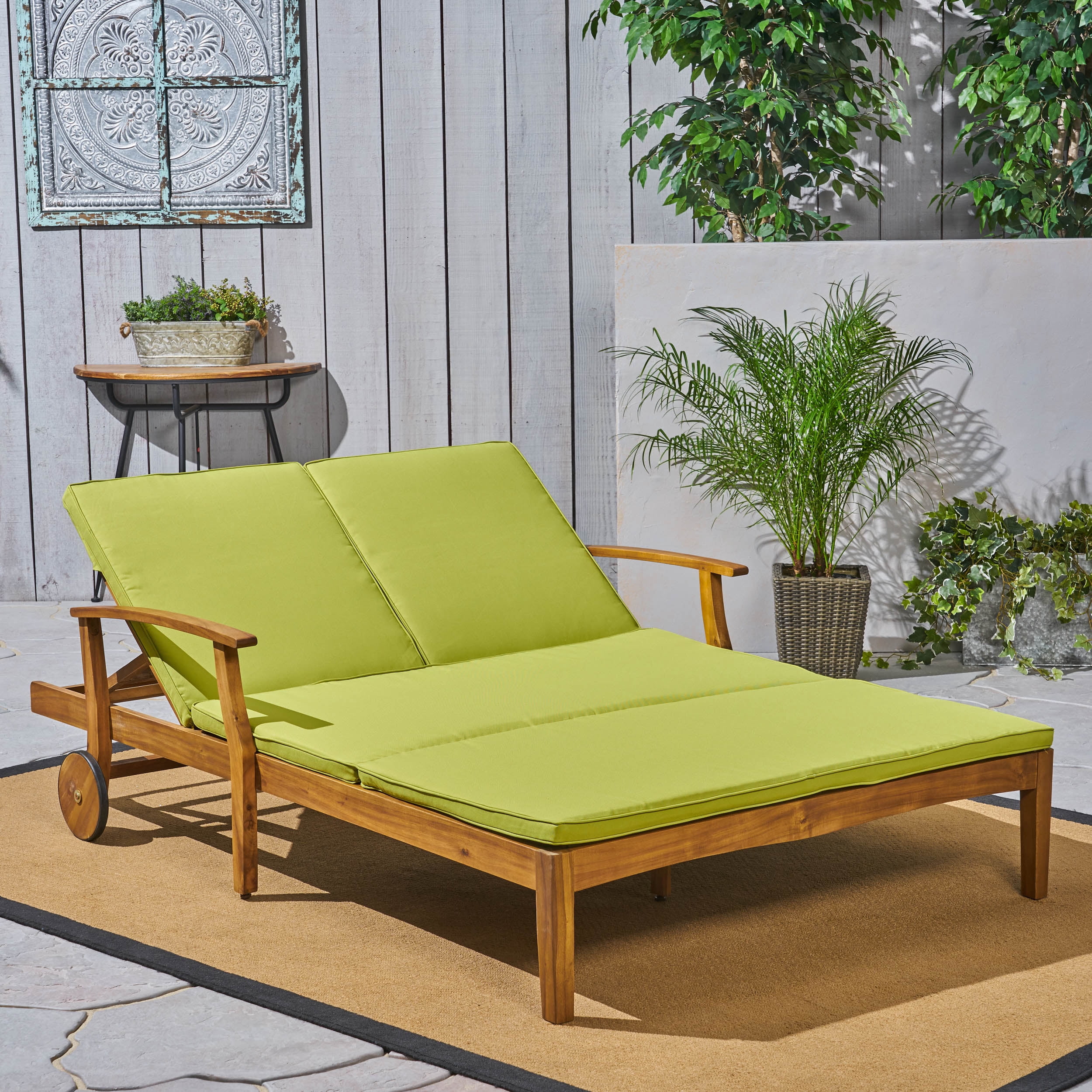 Outdoor Double Person Chaise Lounge, Dual Seat Recliner Chair for Patio Garden, Teak and Green