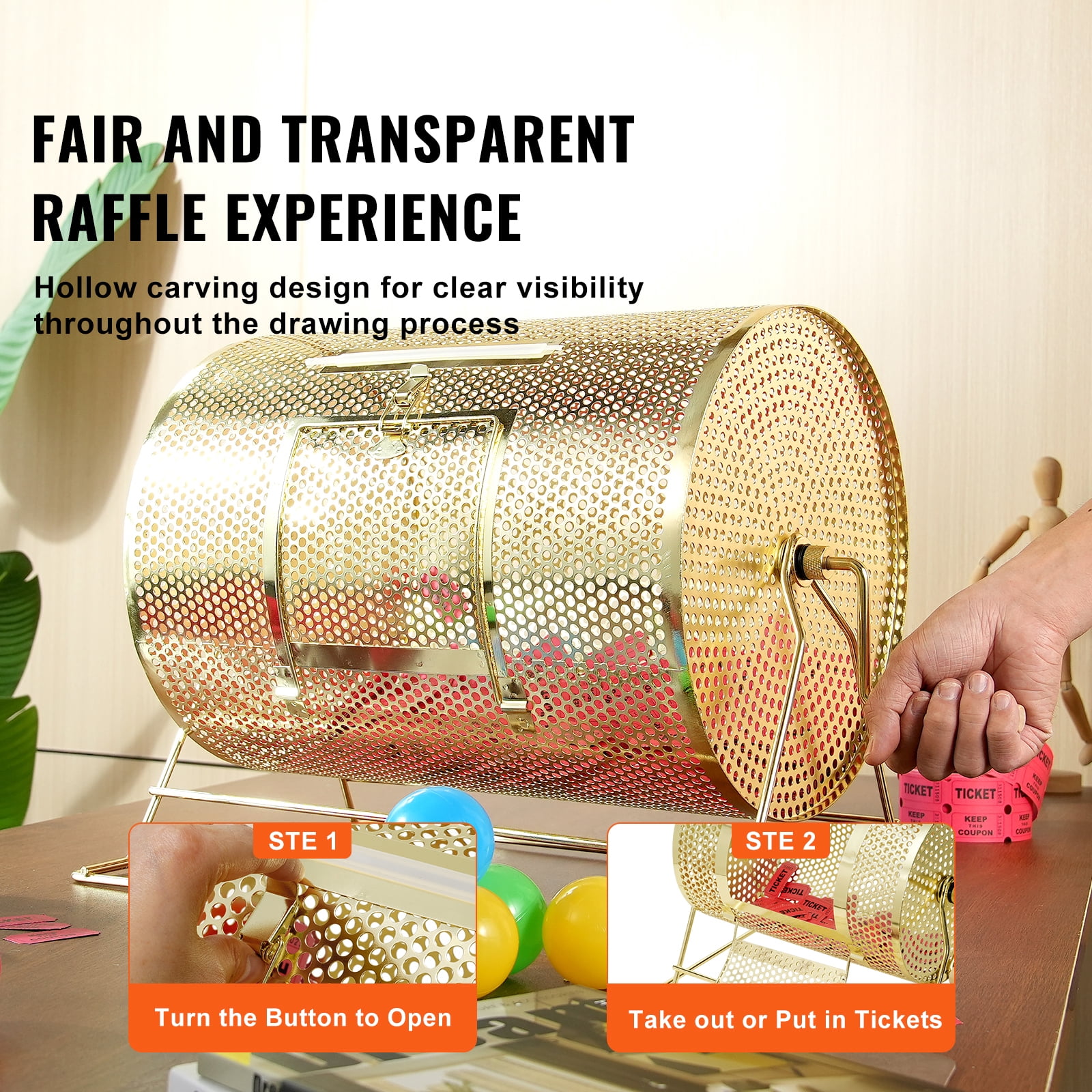 KFFKFF Raffle Drum, Accommodates 5000 Tickets or 200 Table Tennis Balls, Metallic Sweepstakes Rotating Draw with Timber Spin Handle,16.1 x Ø12 inch