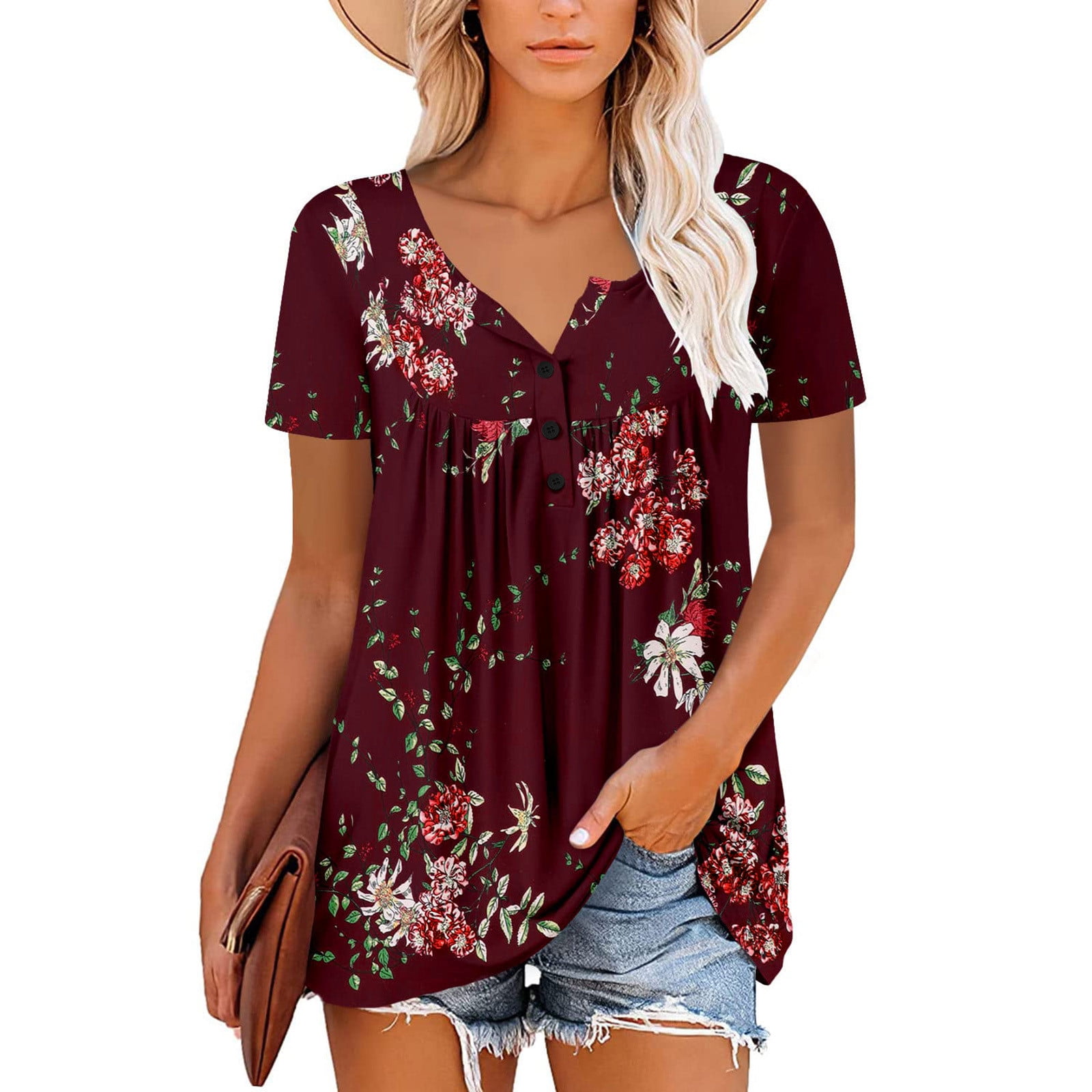 Buy LEYT Shirred Floral Blouse, Ruffle Hem Round Neck Slim Tunic Short  Sleeved Crewneck Shirred Blouse for Outdoor (M) at