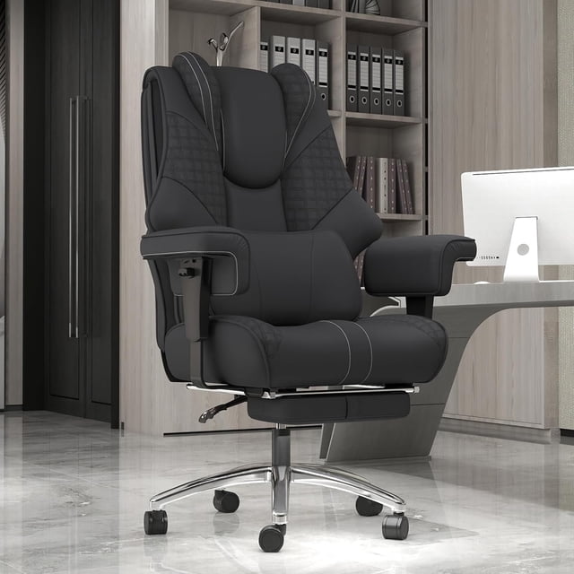 Big & Tall Leather Executive Office Chair with Foot Rest - Wide Ergonomic -Back Reclining Computer Chair for Heavy People Swivel Wheels & Padded Lumbar Support