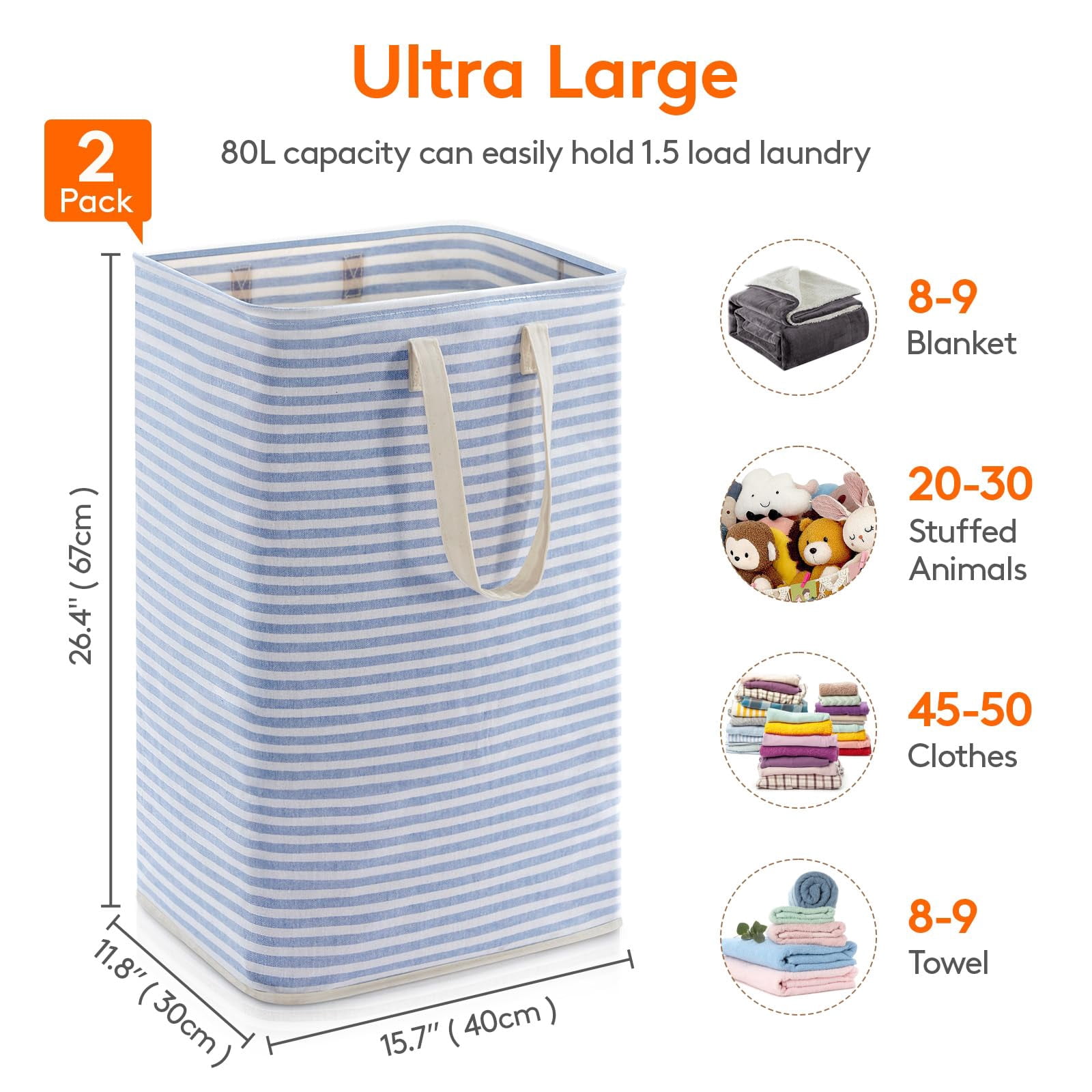 2 Pack 80L Collapsible Laundry Baskets, Waterproof Freestanding Clothes Hamper with Reinforced Handles, 160L Total for Bedroom & Laundry Room