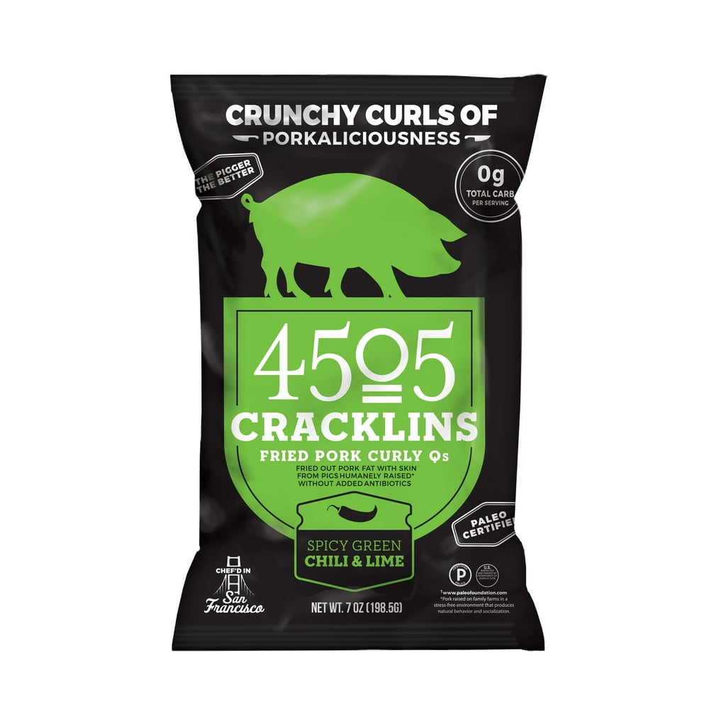 4505 Meats Spicy Green Chili and Lime Cracklins, Fried Pork Curly Q's