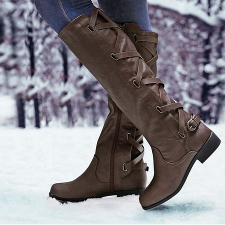 

Womens Boots Long Boots Knee-High Heel Boots For Women s Flat Mid-calf Boots Retro Shoes Leather Warm Boots Coffee 9 Boots for Women