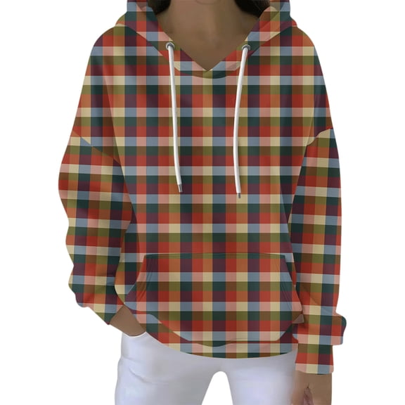 Women's Fashion Casual Hooded Loose Printed Long Sleeve Sweatshirt Grid Pattern Pullover Top for Women Autumn Streetwear Comfortable Oversized Hoodie,Vermilion,M