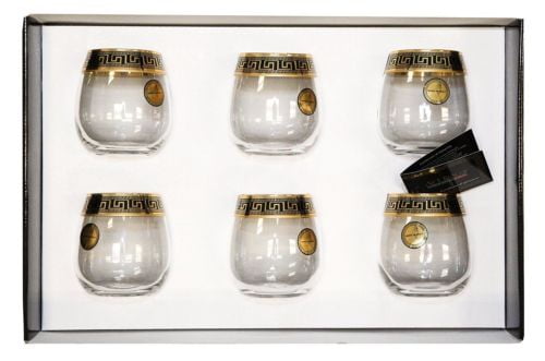 Set of 2 ArtDecor Greek Key 11 Oz Wine Beverage Stemless Crystal Glasses 24K 