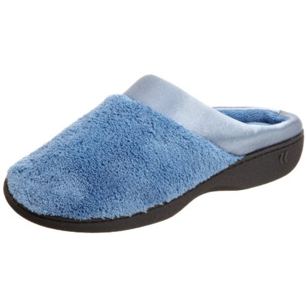 Isotoner Women's Microterry PillowStep Satin Cuff Clog Slippers, Denim