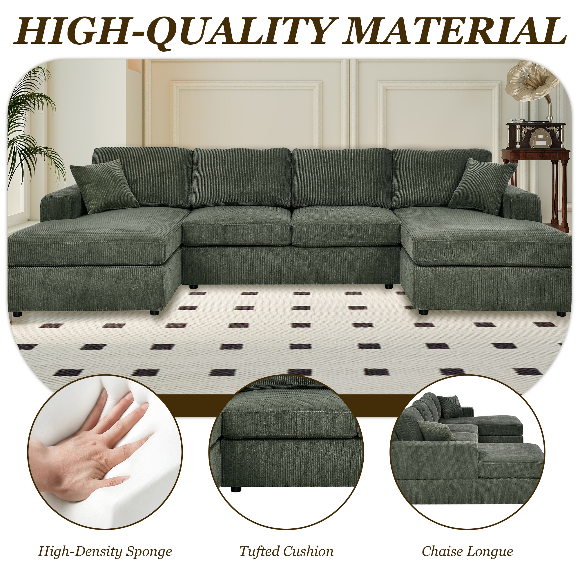 MOONMISS Sectional Sofas with Double Chaise, U-Shaped Cloud Comfy Couches, Green