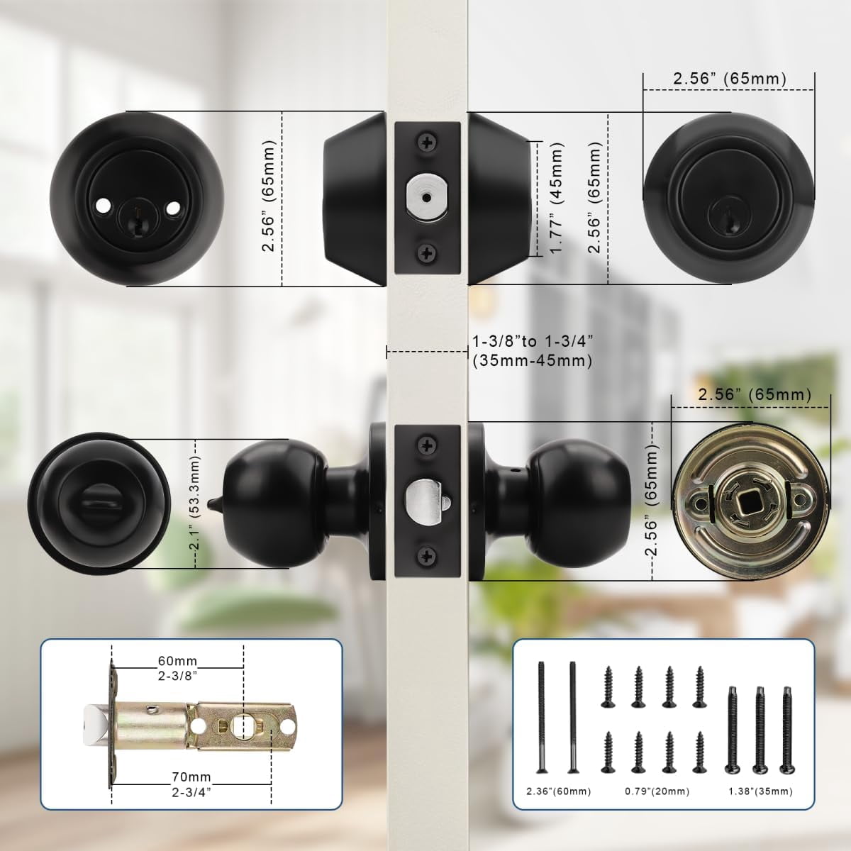 Entry Door Knobs and Double Cylinder Deadbolt, Keyed Alike Door Handle Set with Same Keys, Combo Pack for Front Doors-Keyed on Both Side, Matte Black Finish, Contractor Pack of 2 Set