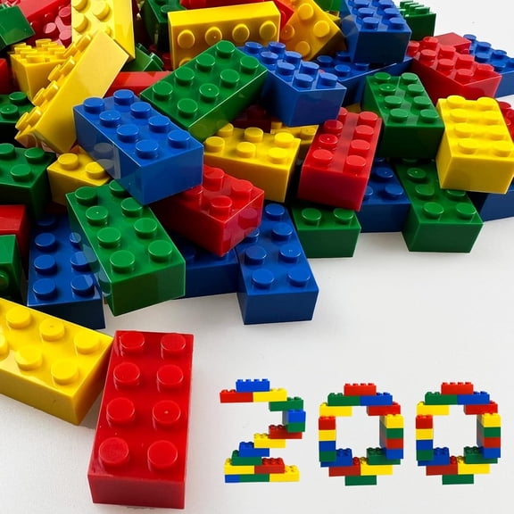 200 Piece Classic Building Bricks, 2x4 Bulk Bricks STEM Creative Building Toys, Red, Yellow, Blue, Green(Samll Bricks, 1.25x0.62x0.47 in)