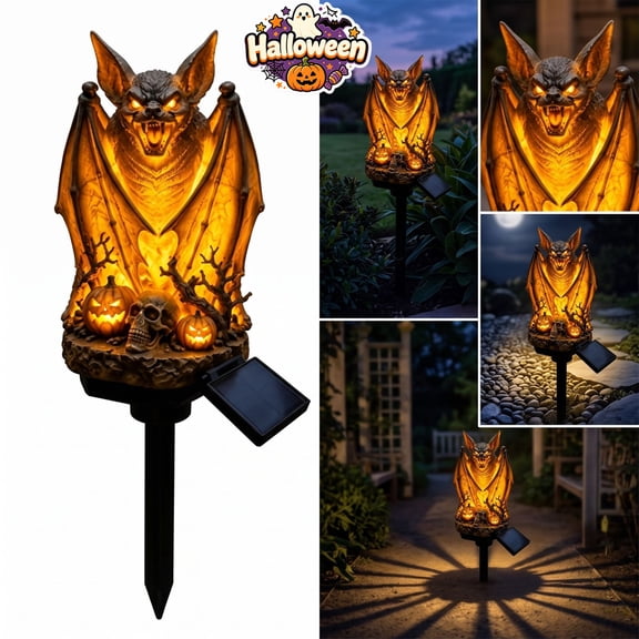 Halloween Bat Solar Garden Stake Light, Spooky Resin Bat Statue With Skull Jack O Lantern,Outdoor Halloween Decorations, Waterproof LED Solar Pathway Light for Yard Lawn Haunted House Porch Decor