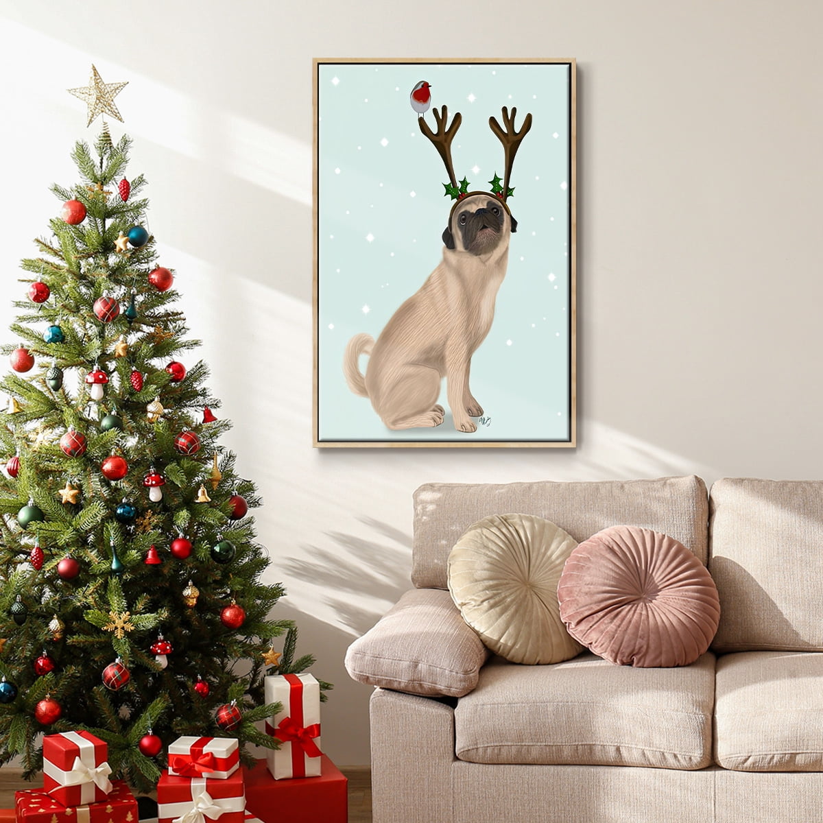 Christmas Pug with Antlers and Robin - Framed Gallery Wrapped Holiday Canvas - 27 x 41 - Natural Wood Frame