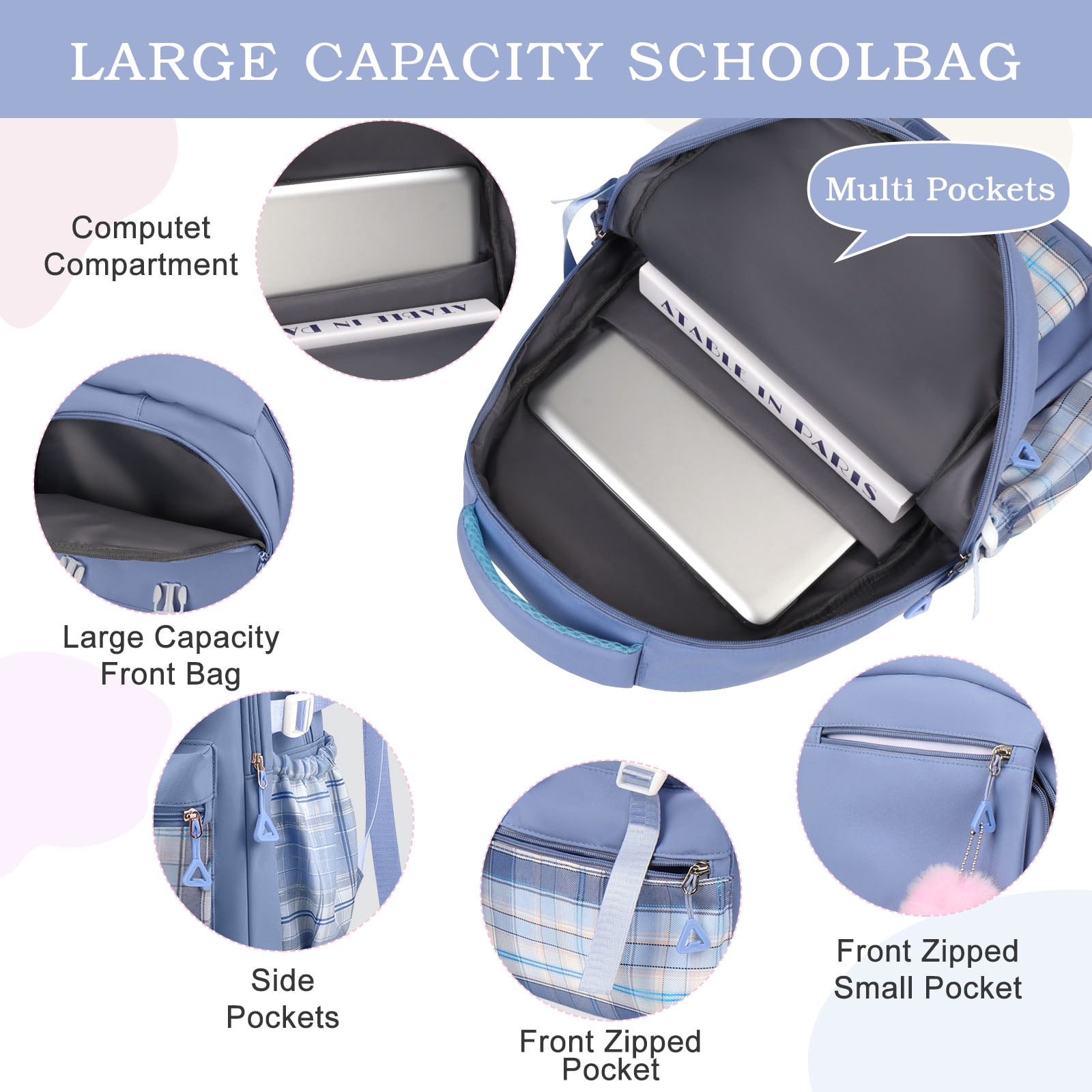 DAKIMOE Blue School Backpack for School, Travel, Work, Large Capacity Waterproof Bookbag with 7 Compartments and Luggage Belt