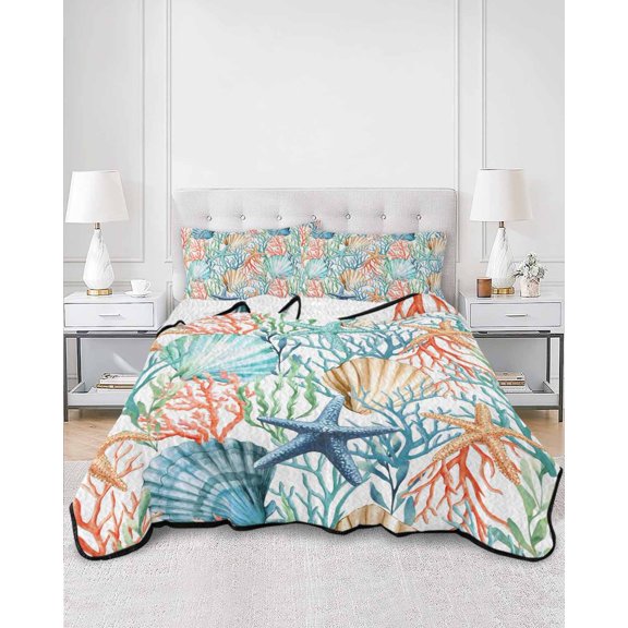 Twin Quilt Bedding Set Blue Ocean Starfish Shell Summer Quilt Lightweight Quilted Coverlet with 2 Pillow Shams, Colorful Coral Nautical Coastal 3-Piece Bedspread Quilt Set for All Season
