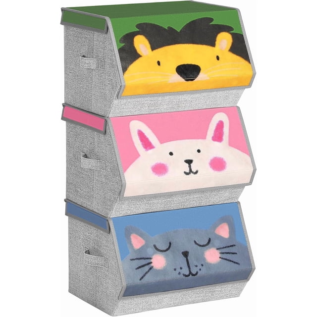 SONGMICS Caja Almacenaje Tela Infantil, Caja Organizadora Plegable, Juego de 3, Apilables con Asas, Tapa Magnética, para Habitación de Niños, Conejo Gato León, Rosa, Azul, Verde y Gris