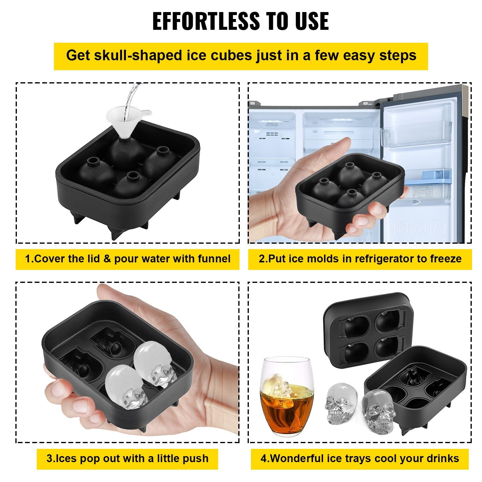 4-Grid Skull Ice Cube Tray with Lid & Funnel, Flexible Black Silicone Mold for Halloween Cocktails, Party Drinks – Makes 1.6” Skull Ice Cubes (BPA-Free)
