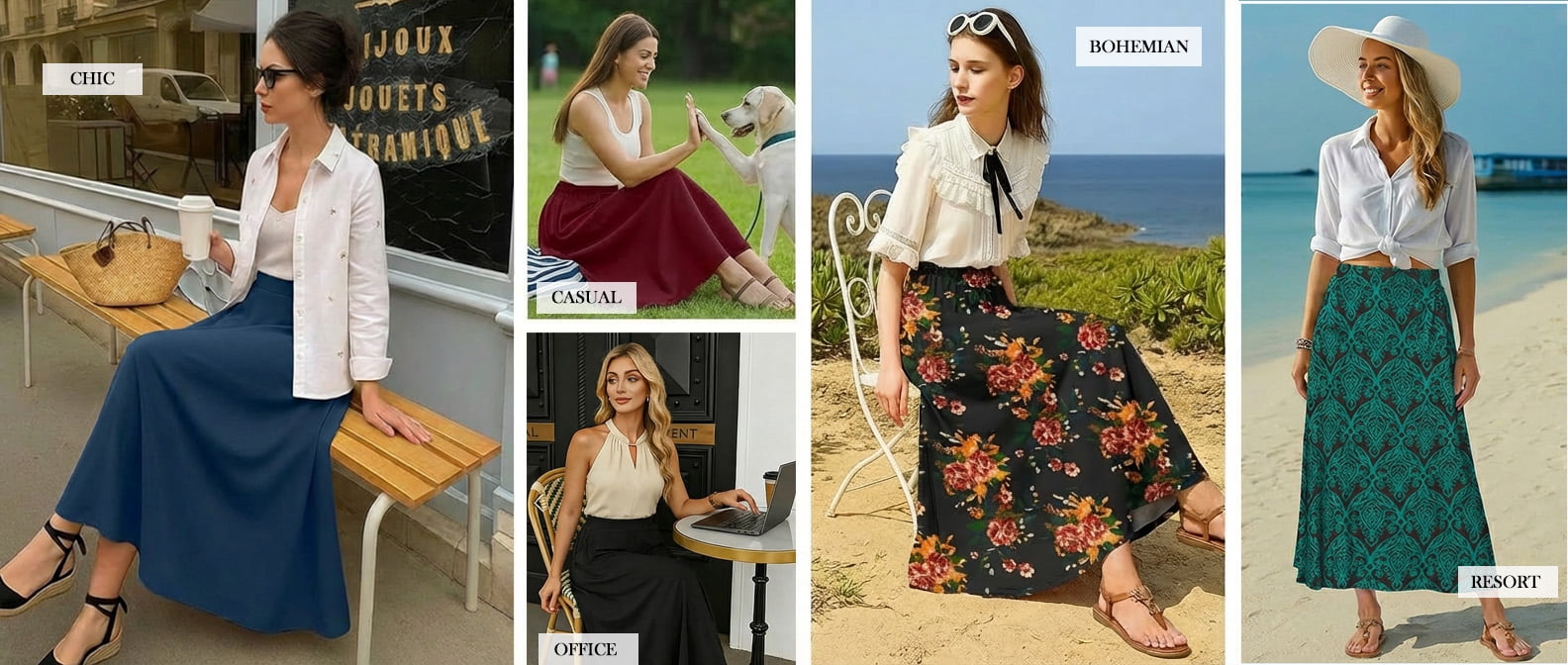 Fantaslook Long Skirts for women Boho Casual Maxi Skirt Trendy Elastic Waist Flowy Skirts with Pockets