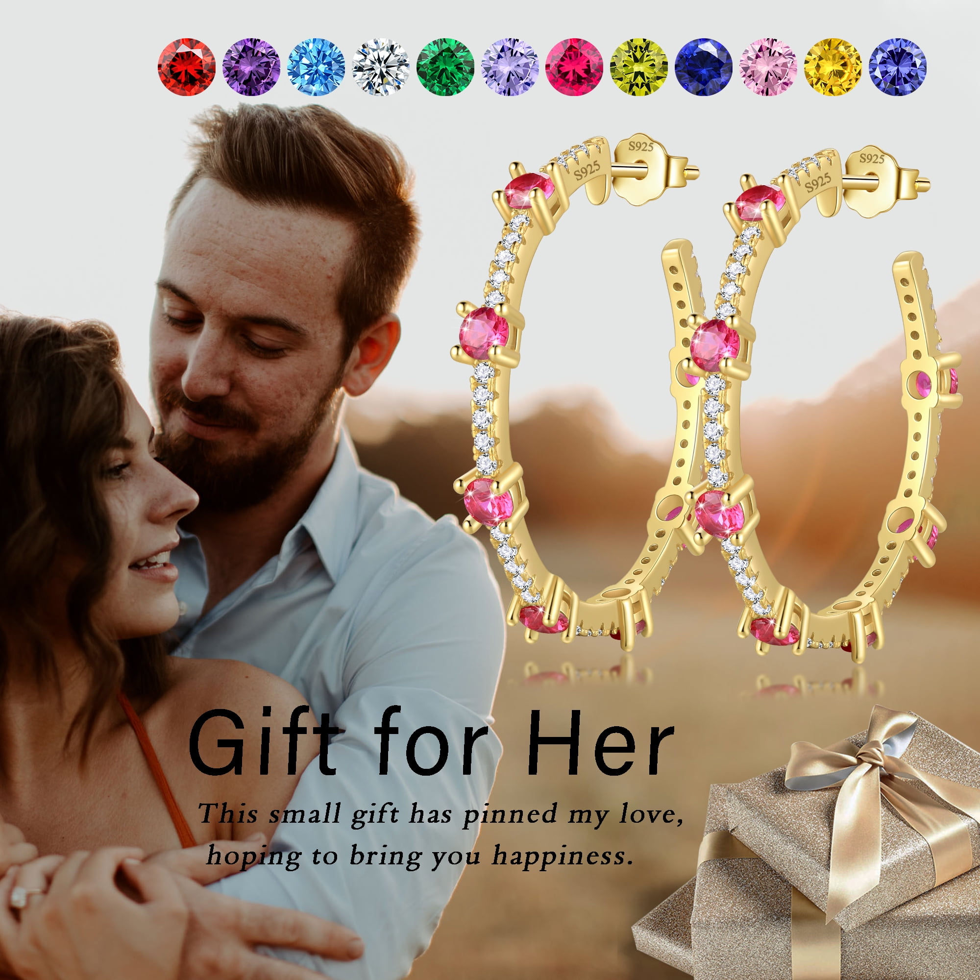 Fasjewly Birthstone Hoop Earrings,14k Gold Plated 925 Sterling Silver Earrings Studs Cubic Zirconia Jewelry Gifts for Women-May