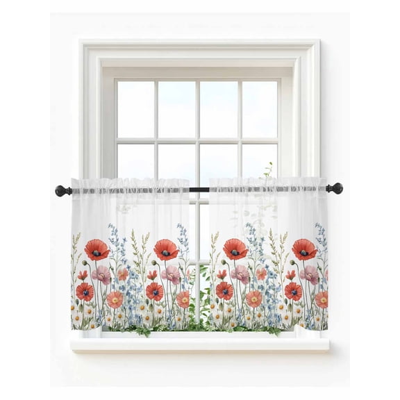 Red Flower Tier Curtains 24 Inch Length,Sheer Curtains for Bedroom Living Room Window Botanical Blue Plant Pink Garden Poppy Floral Small Half Window Kitchen Curtains & Drapes 27.5"x24" 2 Panels