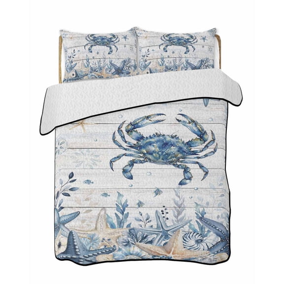 Quilts Twin Size Bedding Set, Blue Crab Coastal Lightweight Quilted Comforter, Beach Starfish Nautical Coral Retro Soft Reversible Bedspread Coverlet with Pillow Covers for All Season, 68" x 86"