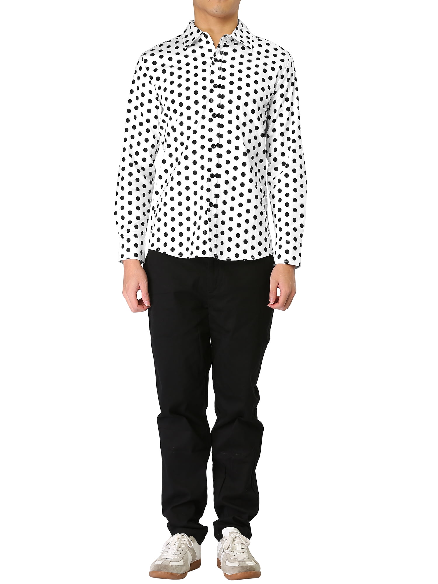 Unique Bargains Men's Long Sleeve Button Slim Polka Dots Shirt 42 White