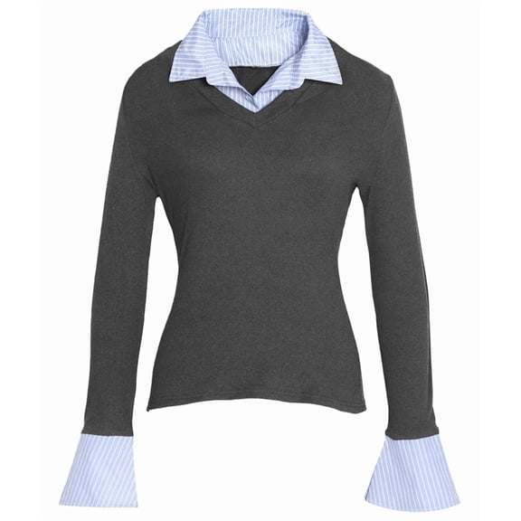 Womens Long Sleeve Pol-O Shirts Business Casual Work Tops Slim Fit V Neck Collared Patchwork Fall Outfits Gray M