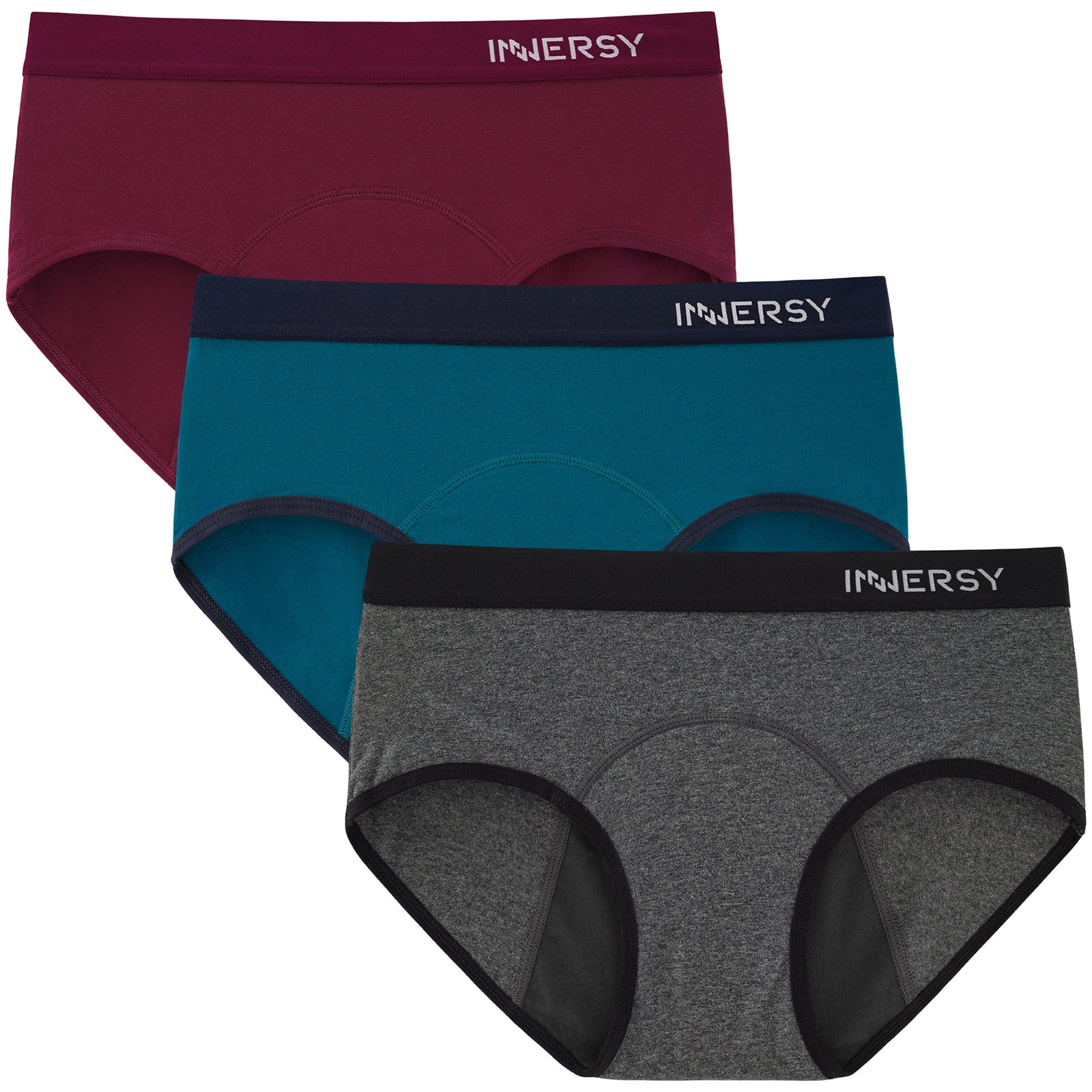 INNERSY Period Panties For Women Cotton Mid/Low Rise Menstrual Underwear 3  Pack (S, Gray/Claret/Lake Blue) 