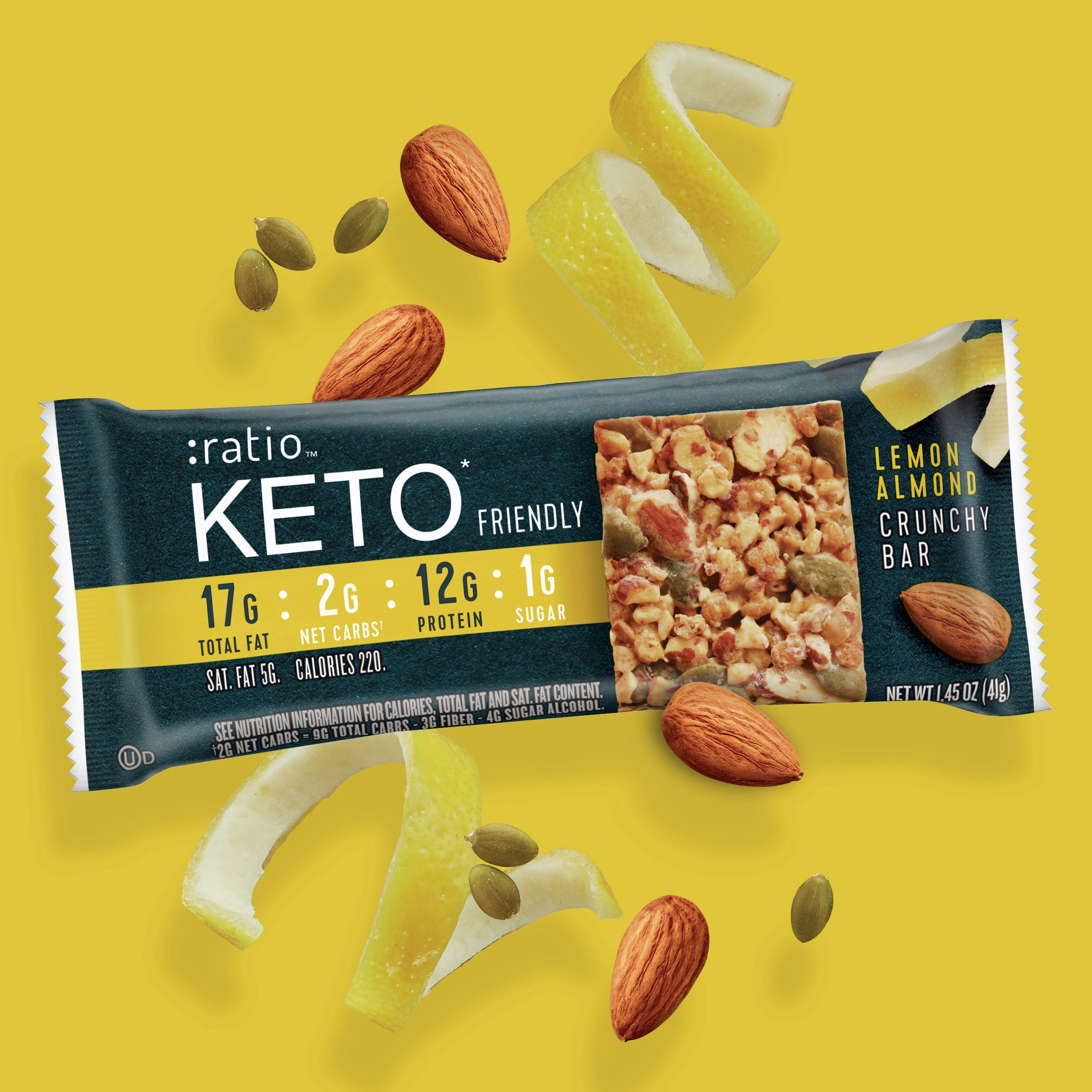:ratio KETO Friendly Crunchy Bars, Lemon Almond, Gluten Free Snack, 4 ct