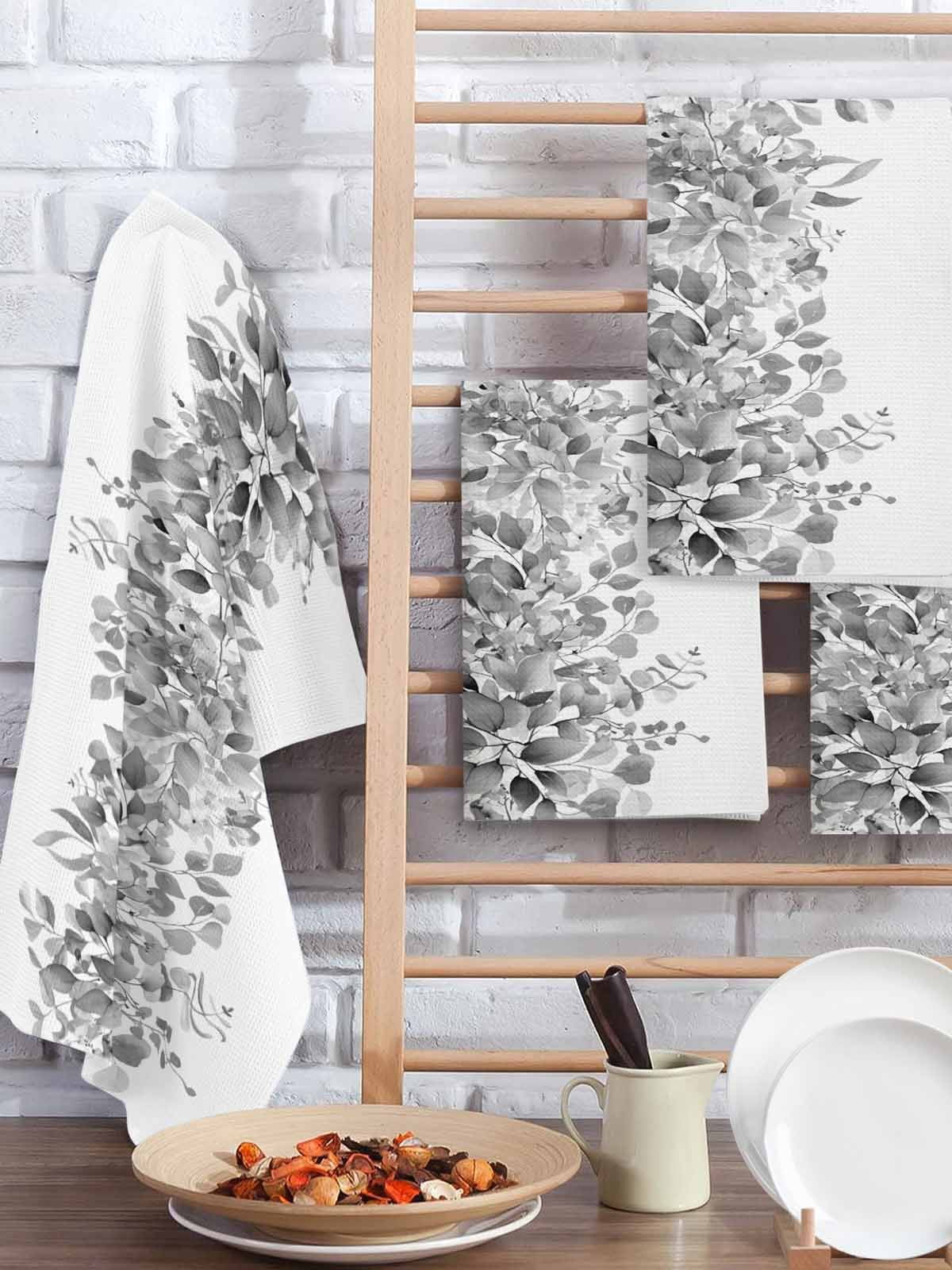 Black Grey Eucalyptus Leaves Hand Towels Set,Waffle Weave Kitchen Towels 4Pcs,Spring Summer Botanical Floral Microfiber Hair Face Bath Tea Towel Absorbent Cleaning Dish Cloths 15.7"x23.6"