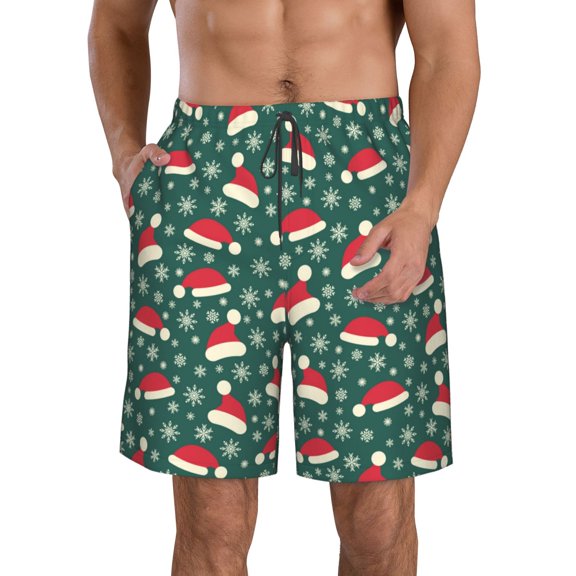 Logiee Santa Hat Joy Green Festive Print Mens Swim Trunks Quick Dry Board Shorts,Breathable Hawaii Beach Shorts Swimwear Bathing Suits-Small