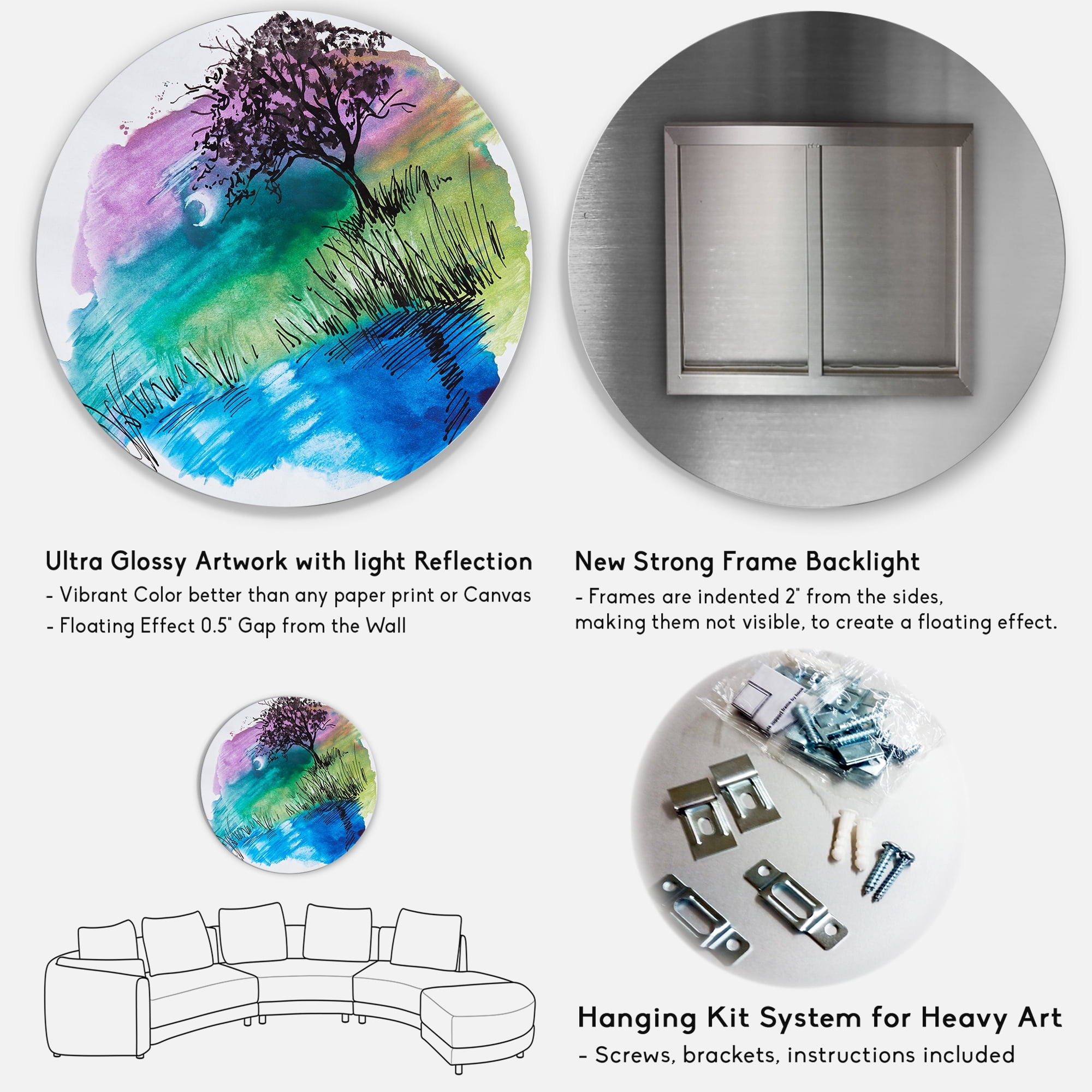 Designart 'Rainbow Silhouette Of Tree On The Riverbank At Night' Modern Circle Metal Wall Art 23x23 - Disc of 23