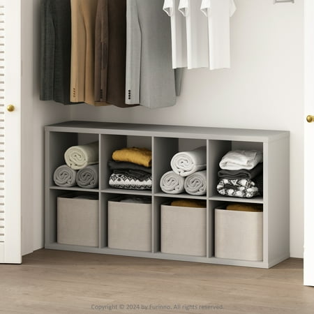 Furinno Cubic Open Back Multipurpose Clothing & Closet Storage Organizer Shelf, 8-Cube, Light Grey