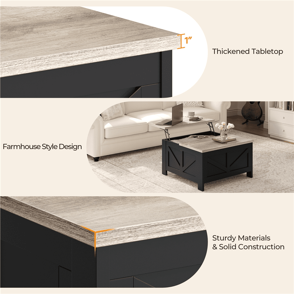 Alden Design Farmhouse Square Lift Top Coffee Table with Hidden Compartments, Black & Gray
