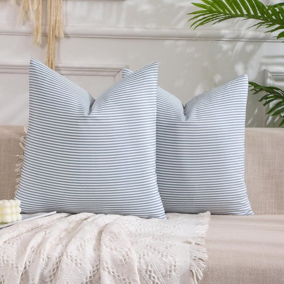 Light Blue Boho Striped Pillow Covers 18x18 Farmhouse Outdoor Pillow Covers Blue Room Decor for Couch Sofa Bedroom Set of 2