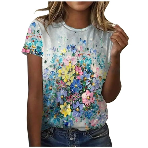 USSUMA Womens Tops Casual Women's Trendy Shirts Printed T-shirt Short Sleeve Tunic Topss Tunic Tops Blouse Round Neck Tee Tops Casual Tops Female Tops
