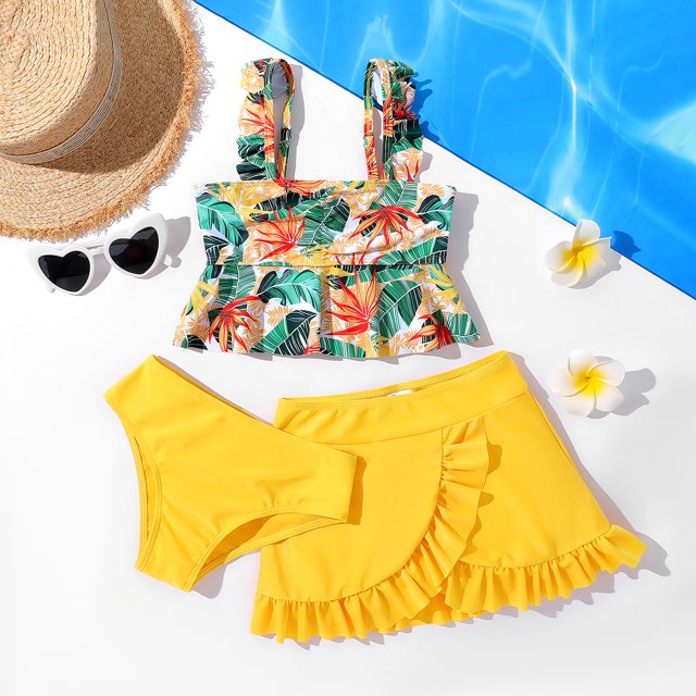 PatPat 3pcs Kid Girl Floral Print Ruffled Swimsuit