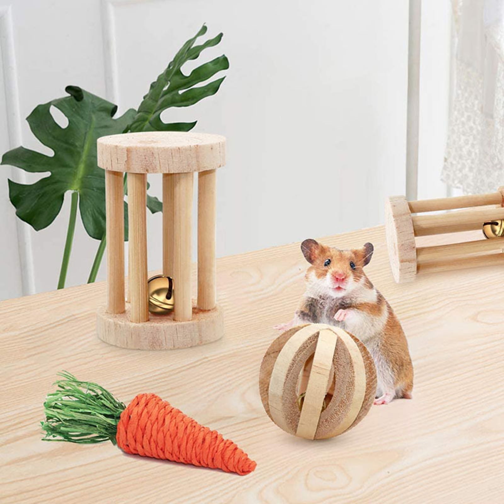 DOPI 6Pcs Hamster Chew Toys Multiple Types Exercise Training Natural Wood Small Pet Ladder Swing Toy Set for Rabbit