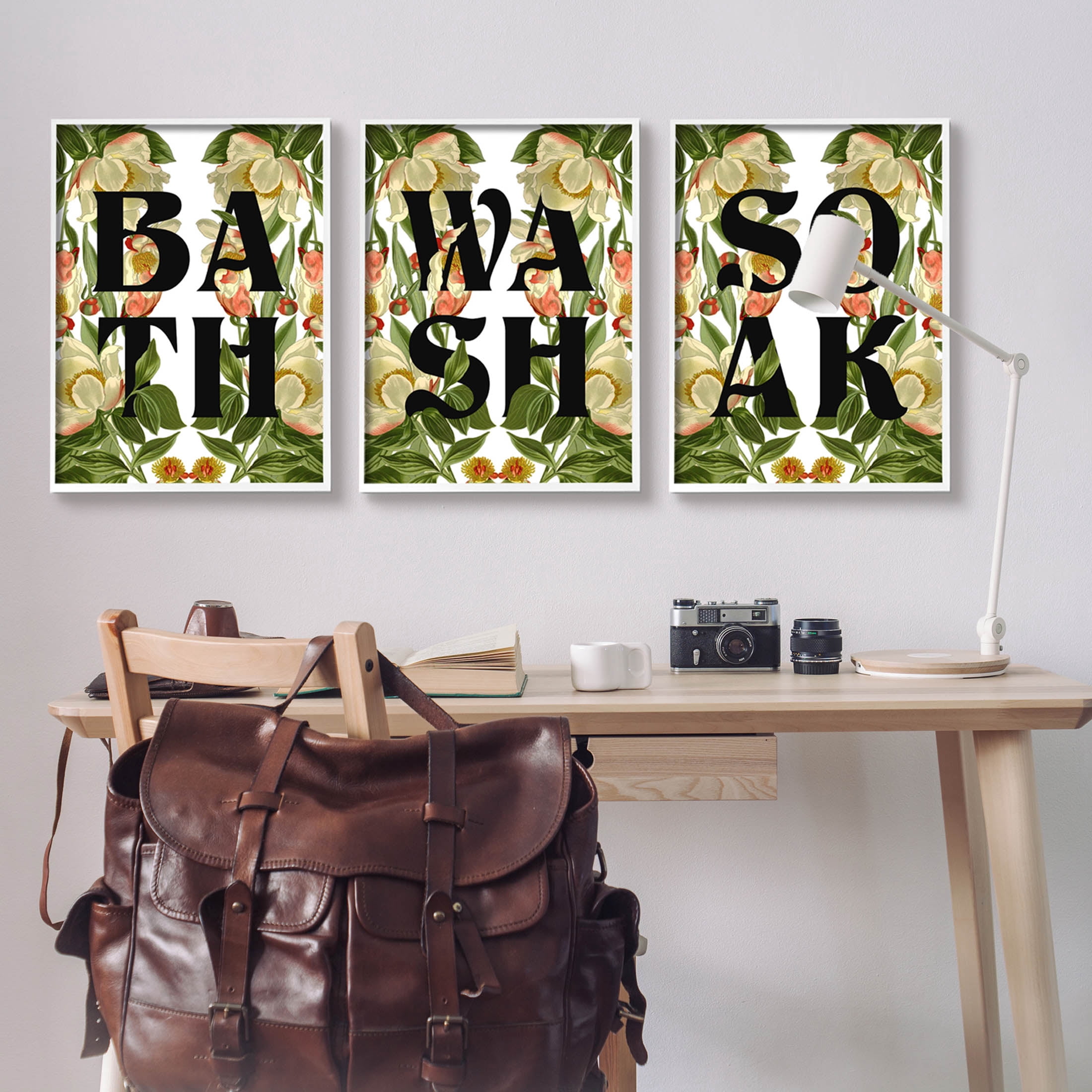 Bath Wash Soak Floral Bathroom Botanical & Floral Graphic Art White Framed Art Print Wall Art, Set of 3