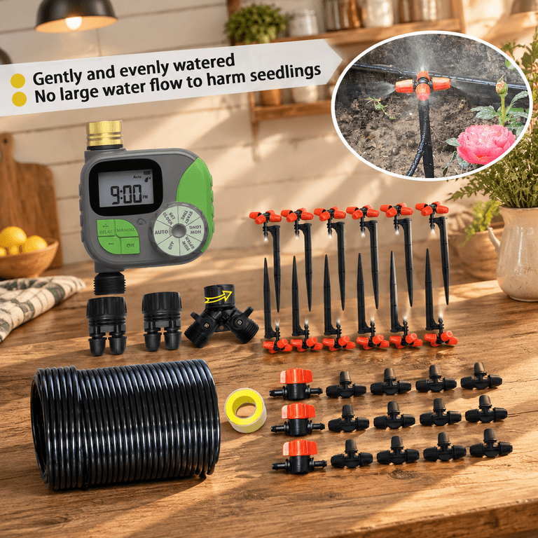 Drip Irrigation Kit Automatic Watering System With Water Timer 64ft 1/4 ...